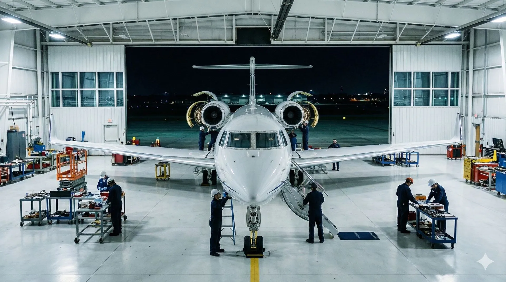 Qualified French aerospace technicians performing work on a business jet inside an American hangar, HEMERA Aerospace deploys highly qualified French technicians to US OEMs and MROs